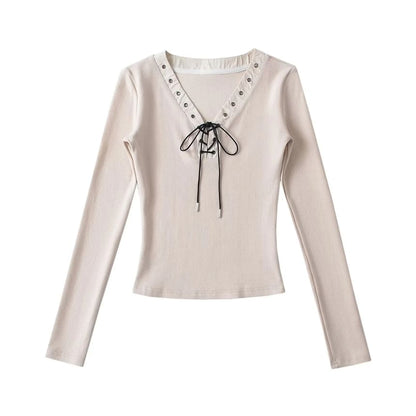 Lace-Up V-Neck Slim Top, Long-Sleeved
