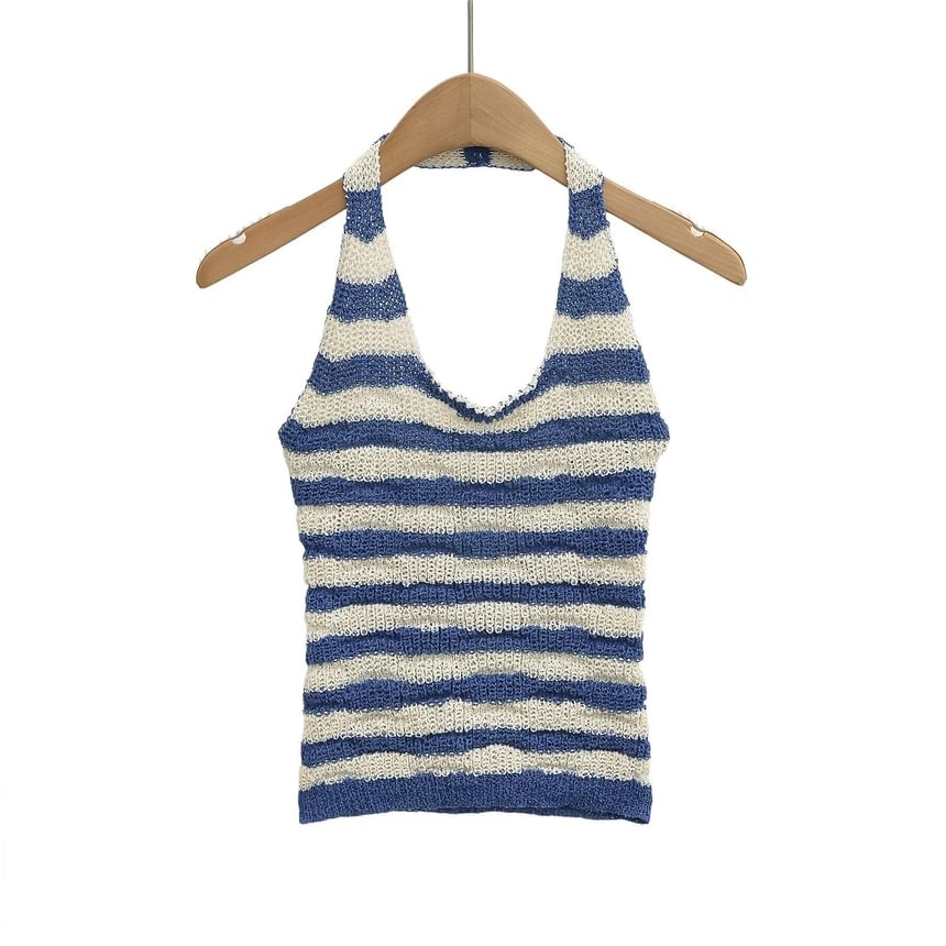 Striped Open-Back Halter Knit Tank Top