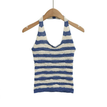 Striped Open-Back Halter Knit Tank Top