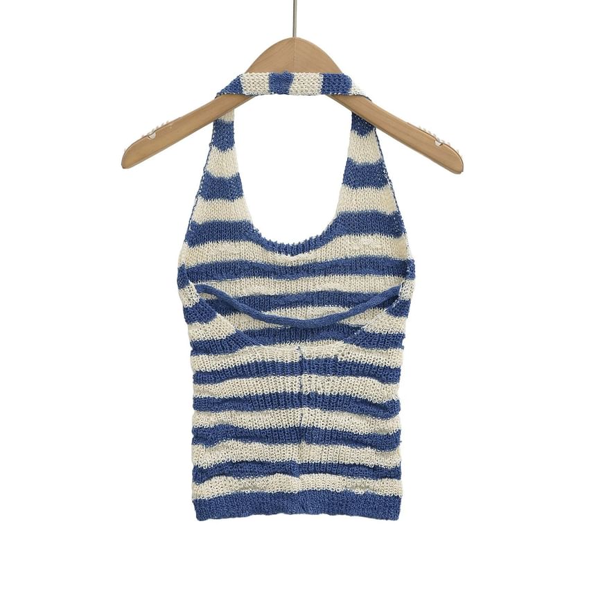 Striped Open-Back Halter Knit Tank Top