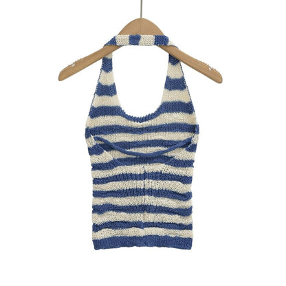 Striped Open-Back Halter Knit Tank Top