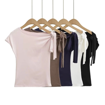 Knotted Cold-Shoulder Plain Tee, Short-Sleeved Slim Fit