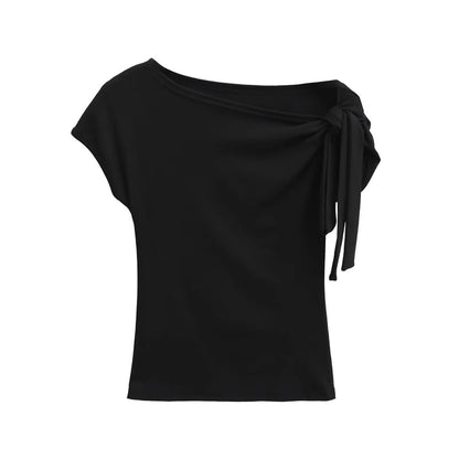 Knotted Cold-Shoulder Plain Tee, Short-Sleeved Slim Fit