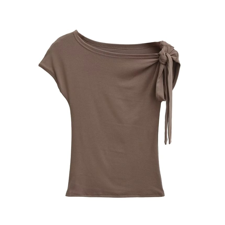 Knotted Cold-Shoulder Plain Tee, Short-Sleeved Slim Fit