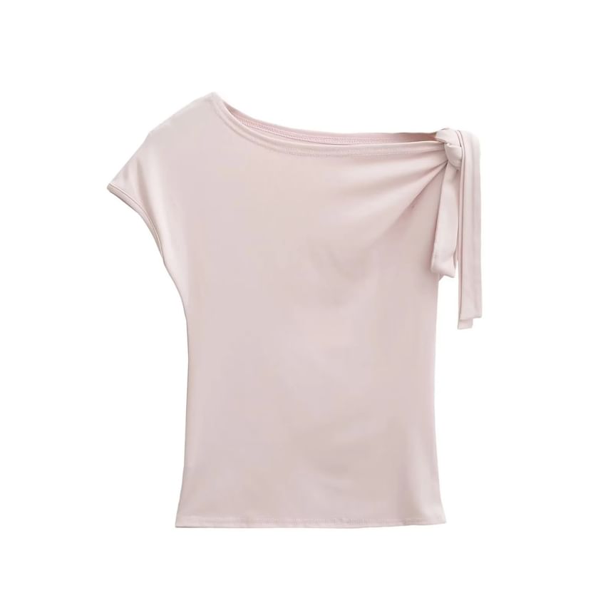 Knotted Cold-Shoulder Plain Tee, Short-Sleeved Slim Fit