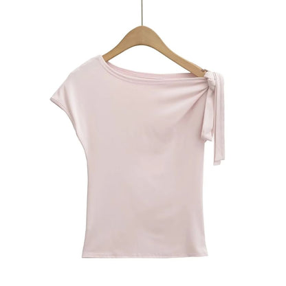 Knotted Cold-Shoulder Plain Tee, Short-Sleeved Slim Fit