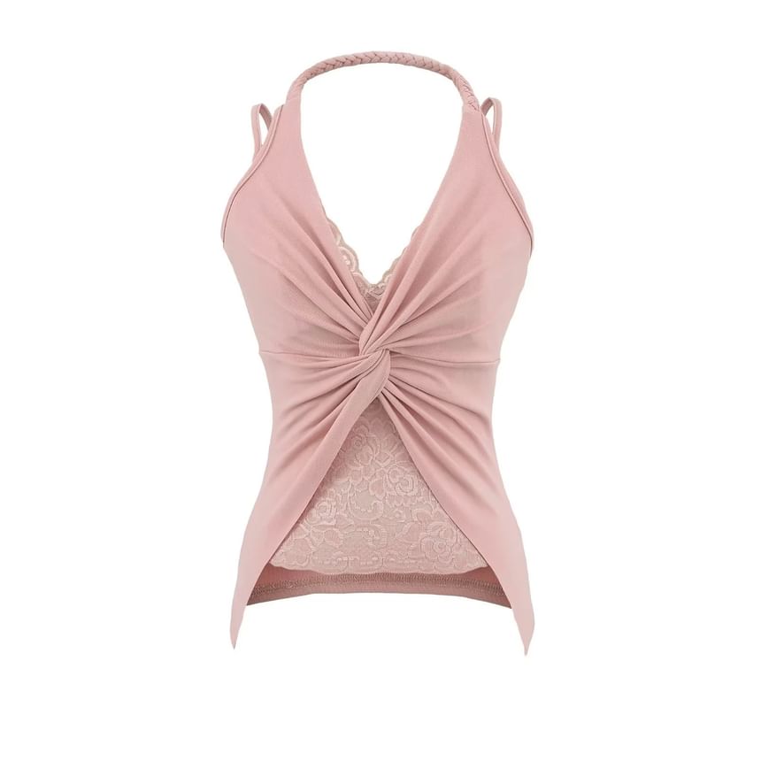 Slim-Fit Lace-Paneled Knot Halter Tank, Sleeveless