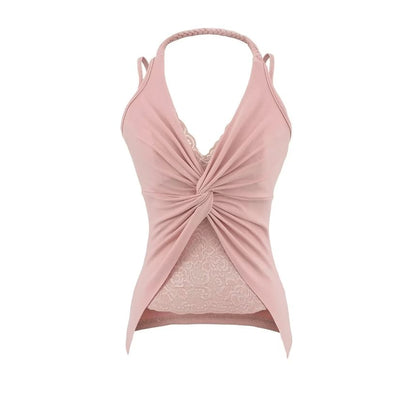 Slim-Fit Lace-Paneled Knot Halter Tank, Sleeveless