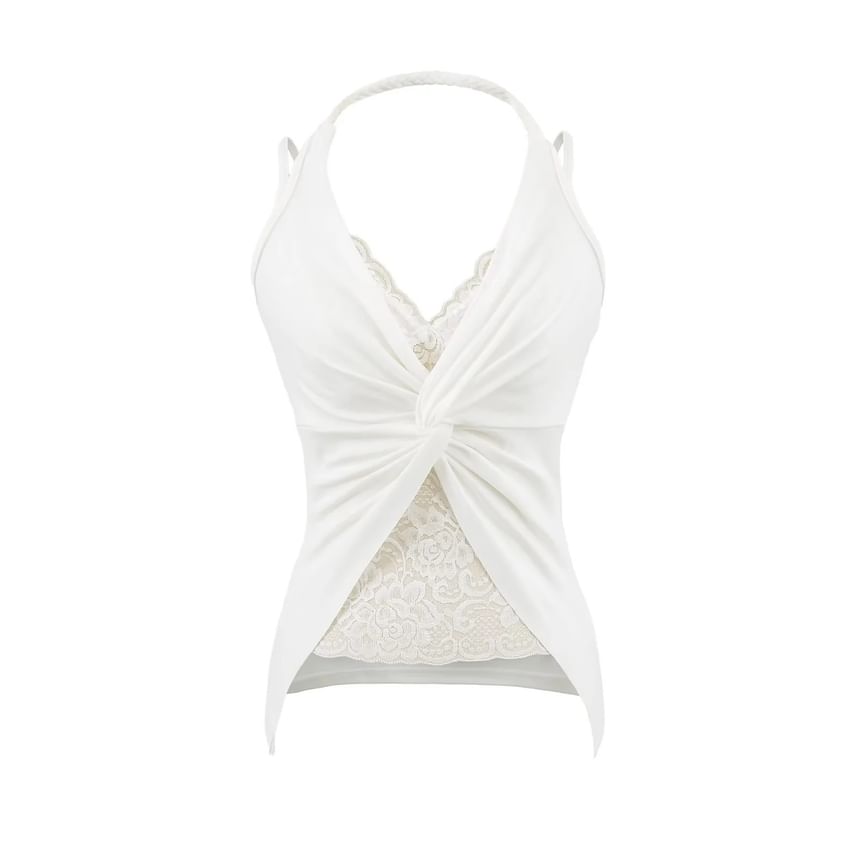 Slim-Fit Lace-Paneled Knot Halter Tank, Sleeveless