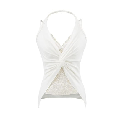 Slim-Fit Lace-Paneled Knot Halter Tank, Sleeveless