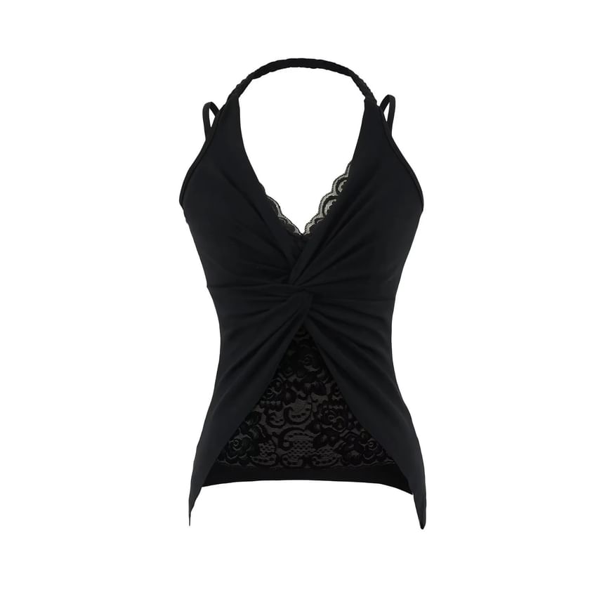 Slim-Fit Lace-Paneled Knot Halter Tank, Sleeveless