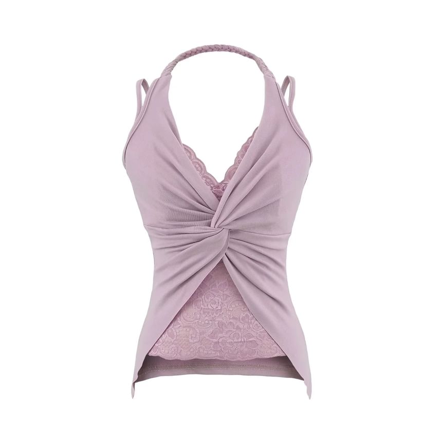 Slim-Fit Lace-Paneled Knot Halter Tank, Sleeveless