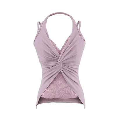 Slim-Fit Lace-Paneled Knot Halter Tank, Sleeveless