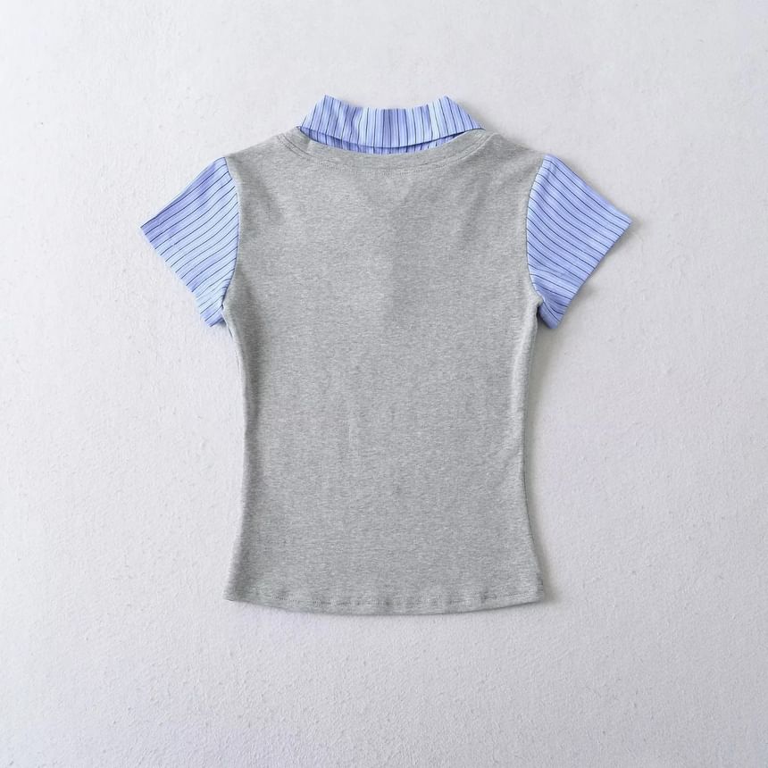 Mock-Layer Striped V-Neck Top, Short-Sleeved Slim Fit