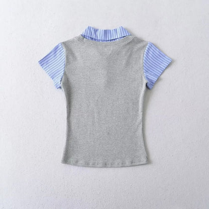 Mock-Layer Striped V-Neck Top, Short-Sleeved Slim Fit