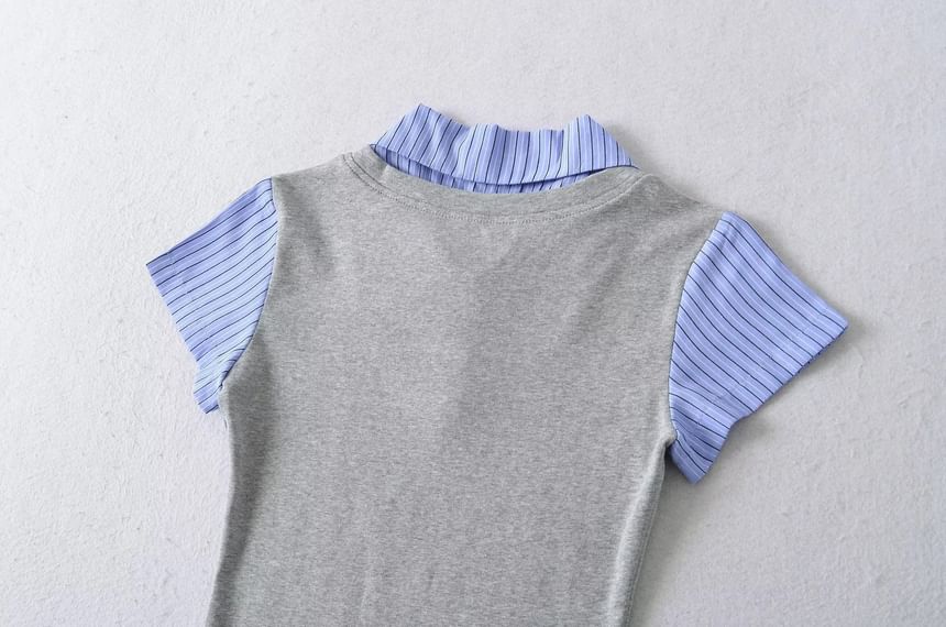 Mock-Layer Striped V-Neck Top, Short-Sleeved Slim Fit
