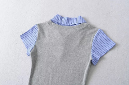 Mock-Layer Striped V-Neck Top, Short-Sleeved Slim Fit