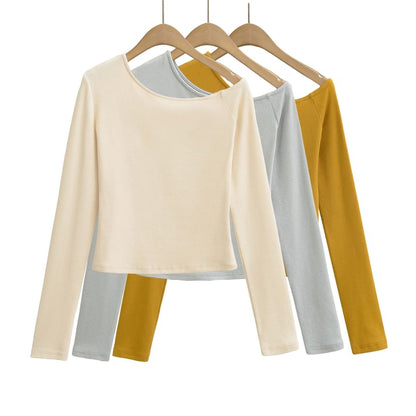 Cold-Shoulder Plain Slim Tee, Long-Sleeved