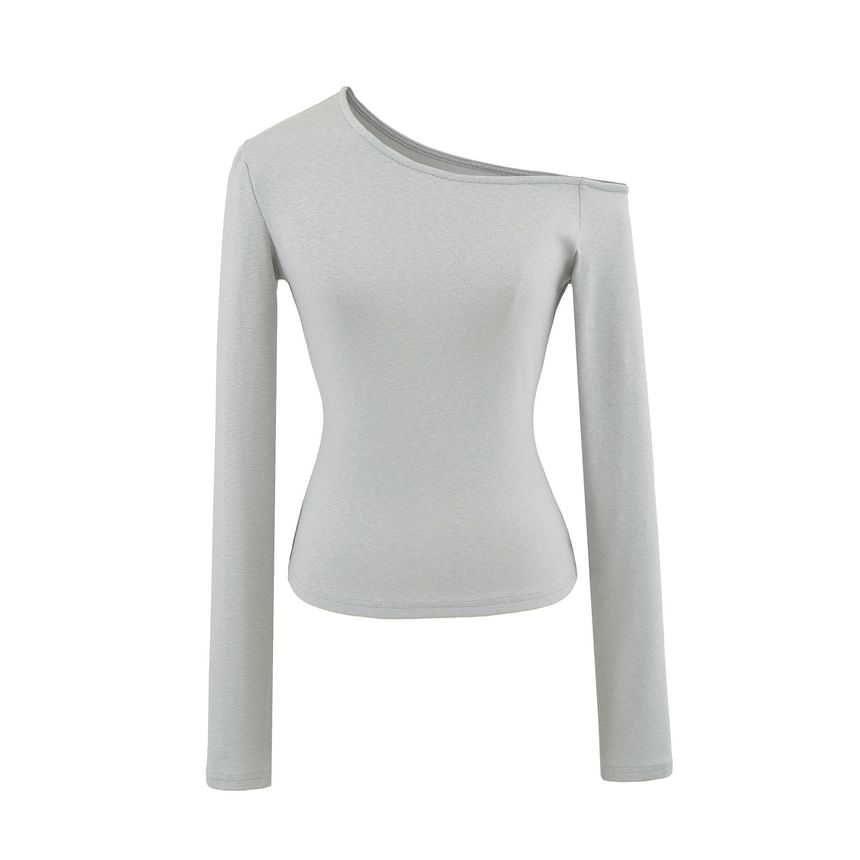 Cold-Shoulder Plain Slim Tee, Long-Sleeved