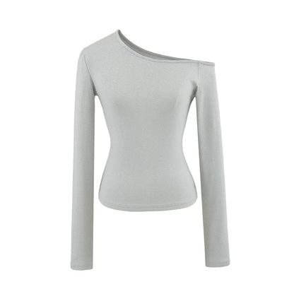 Cold-Shoulder Plain Slim Tee, Long-Sleeved