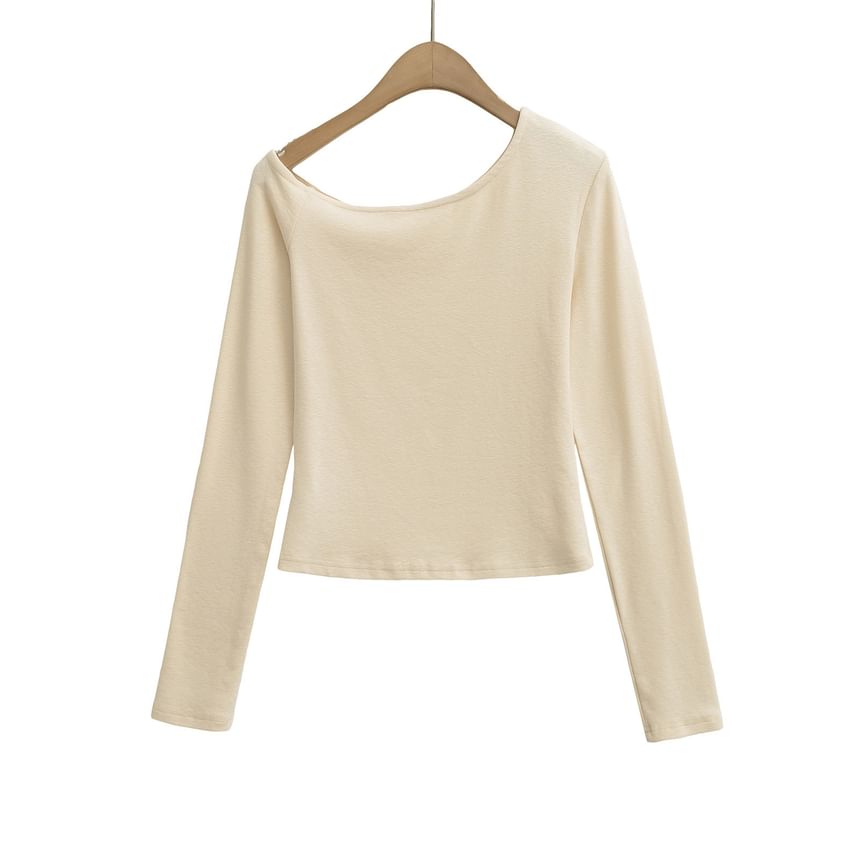 Cold-Shoulder Plain Slim Tee, Long-Sleeved