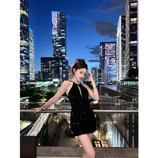 Sleeveless Round Neck Plain Beaded Sequin Cutout Mini Sheath Cocktail Dress