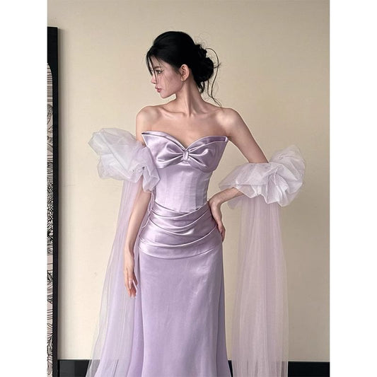 Plain Bow Satin Sheath Tube Evening Gown