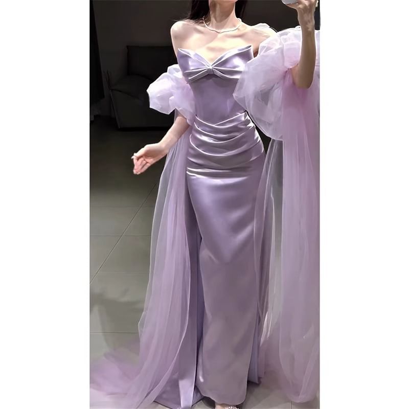 Plain Bow Satin Sheath Tube Evening Gown