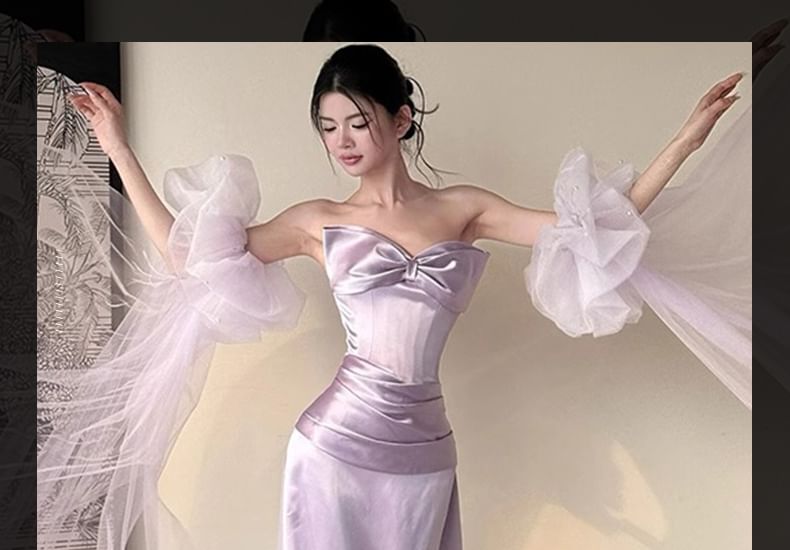 Plain Bow Satin Sheath Tube Evening Gown
