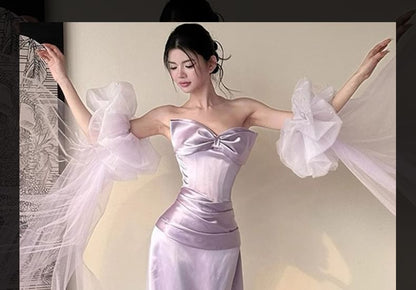 Plain Bow Satin Sheath Tube Evening Gown