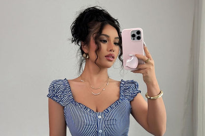 Striped Square-Neck Blouse with Ruffled Trim & Cap Sleeves