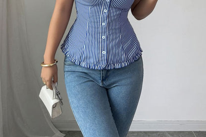 Striped Square-Neck Blouse with Ruffled Trim & Cap Sleeves