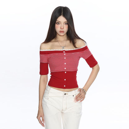 Two-Tone Lace-Trimmed Off-Shoulder Crop Tee with Mock Layering