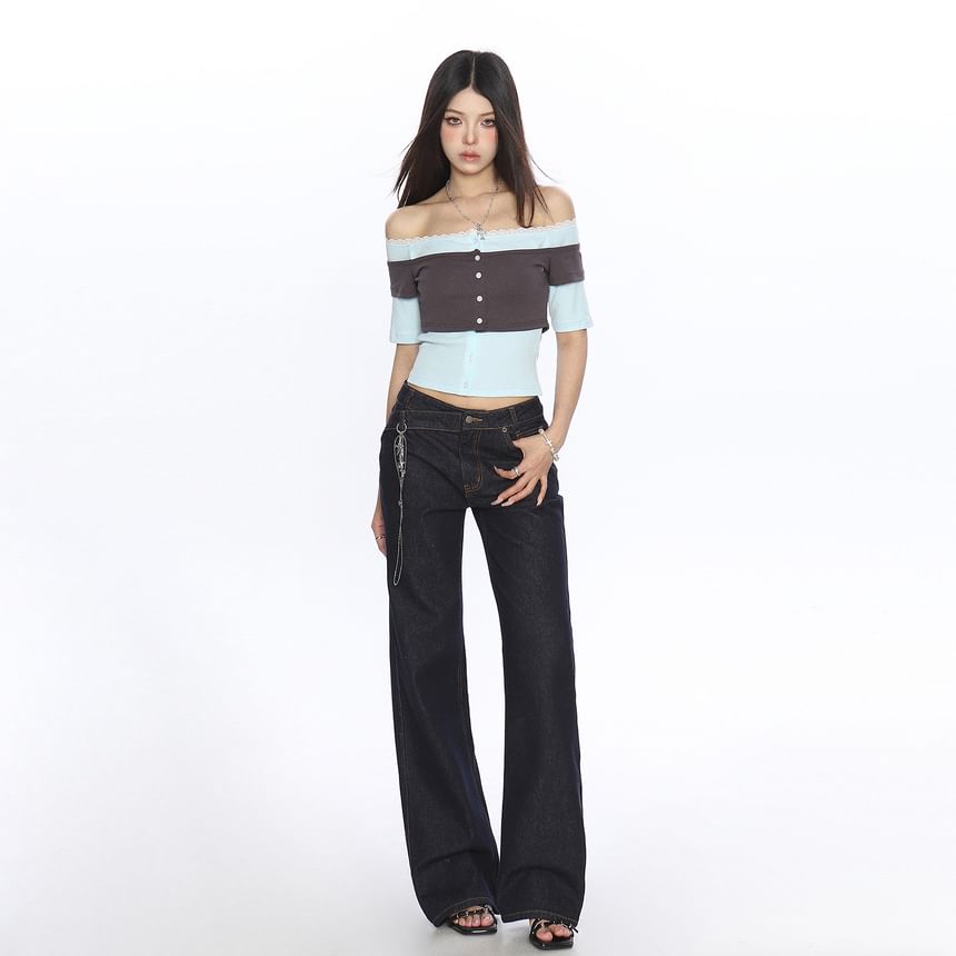 Two-Tone Lace-Trimmed Off-Shoulder Crop Tee with Mock Layering