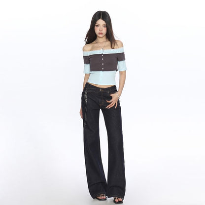 Two-Tone Lace-Trimmed Off-Shoulder Crop Tee with Mock Layering