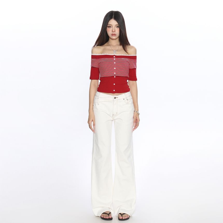 Two-Tone Lace-Trimmed Off-Shoulder Crop Tee with Mock Layering