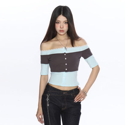 Two-Tone Lace-Trimmed Off-Shoulder Crop Tee with Mock Layering