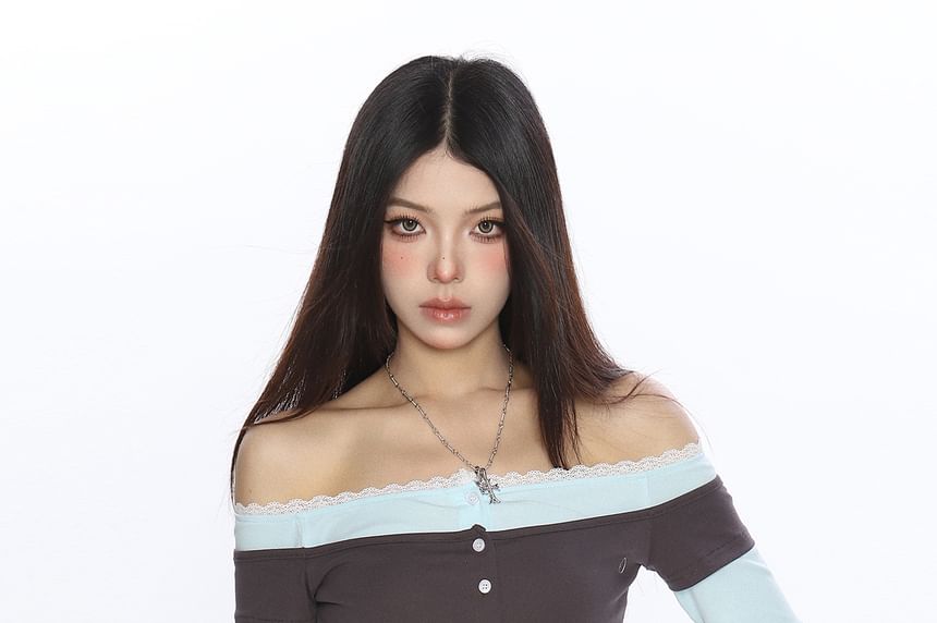 Two-Tone Lace-Trimmed Off-Shoulder Crop Tee with Mock Layering