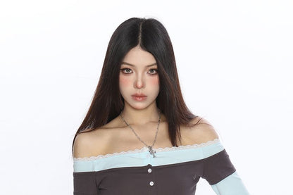 Two-Tone Lace-Trimmed Off-Shoulder Crop Tee with Mock Layering