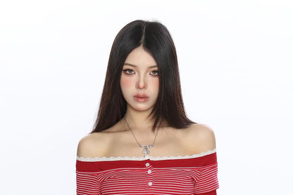 Two-Tone Lace-Trimmed Off-Shoulder Crop Tee with Mock Layering