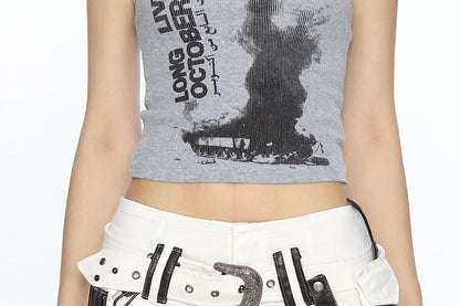 Low Rise Buckled Fringed Washed Denim Cargo Shorts