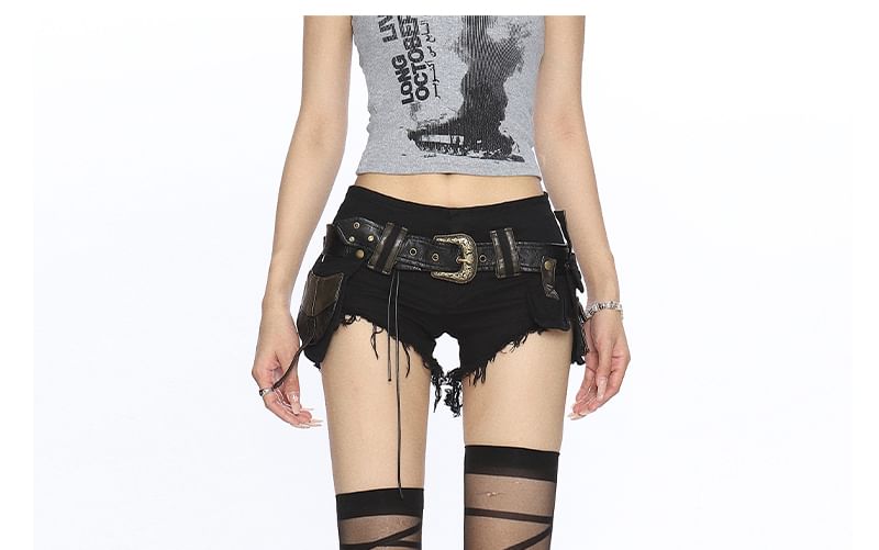 Low Rise Buckled Fringed Washed Denim Cargo Shorts