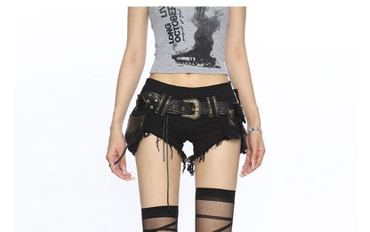 Low Rise Buckled Fringed Washed Denim Cargo Shorts