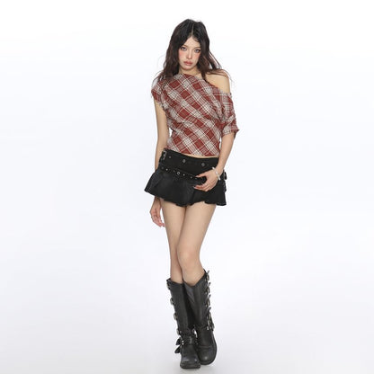 Plaid Off-Shoulder Asymmetric-Neck Slim Tee, Short-Sleeved