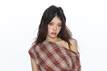 Plaid Off-Shoulder Asymmetric-Neck Slim Tee, Short-Sleeved