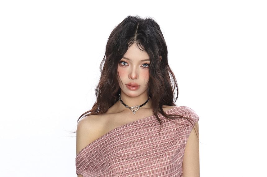 Plaid Ruched Off-Shoulder Tee with Cap Sleeves & Asymmetric Neck