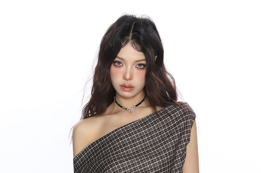 Plaid Ruched Off-Shoulder Tee with Cap Sleeves & Asymmetric Neck
