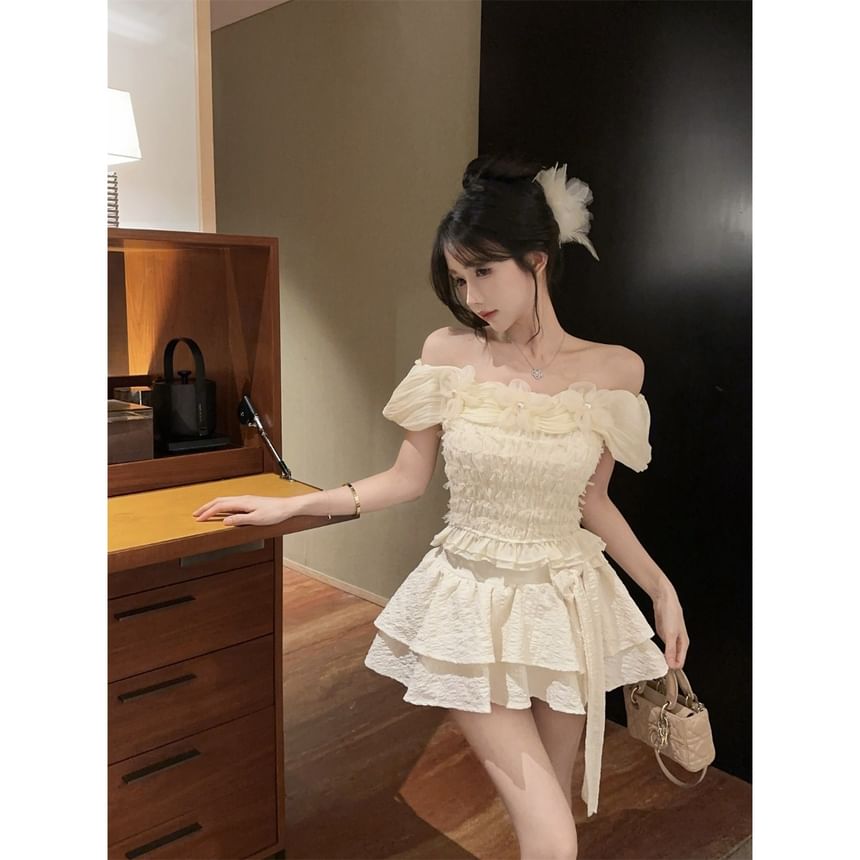 Ruffled Off-Shoulder Blouse, Bow-Hem Skort & Tiered Mini Skirt Set