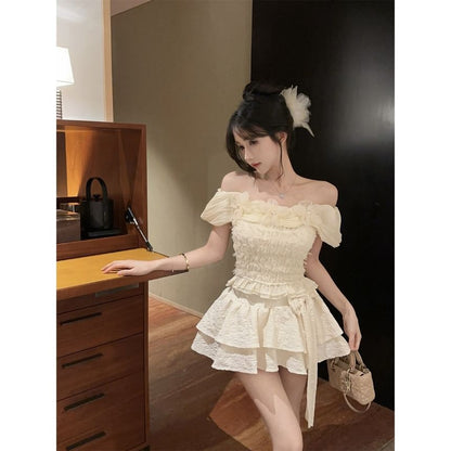 Ruffled Off-Shoulder Blouse, Bow-Hem Skort & Tiered Mini Skirt Set