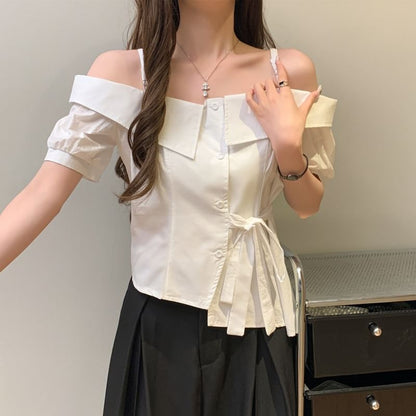 Asymmetric Cold-Shoulder Short-Sleeved Shirt